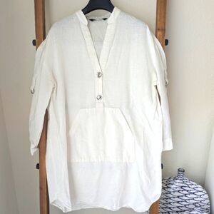 Zara Women's White Linen Tunic With Silver Large Buttons - Size S